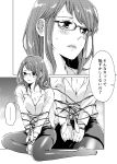  1girl absurdres blush bound bound_wrists breasts cleavage collared_shirt comic commentary ear_blush glasses greyscale highres jump_rope lipstick long_hair long_sleeves makeup monochrome okome103 original pantyhose shirt skirt spoken_ellipsis sweat tied_up translated 