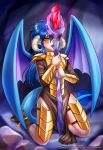  2017 alternate_species amber_eyes animal_humanoid armor blue_hair digital_media_(artwork) dragon_humanoid female friendship_is_magic hair horn human humanized humanoid licking long_hair mammal my_little_pony open_mouth princess_ember_(mlp) racoon-kun scepter solo tongue tongue_out wings 