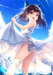  ass bangs bare_arms bare_shoulders blue_bow blue_ribbon blue_sky bow brown_hair cloud commentary_request day dress earrings eyebrows_visible_through_hair glint hair_bow heart heart_earrings heart_print highres jewelry long_hair looking_at_viewer md5_mismatch moe2018 ocean open_mouth original outdoors print_dress red_eyes ribbon sky sleeveless sleeveless_dress solo standing wading water white_dress yan_(nicknikg) 