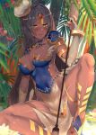  arm_support arm_wrap armlet bangs black_hair blue_armor blush bracelet breasts bridal_gauntlets chest_plate circlet cleavage commentary_request covered_navel dark_skin fate/grand_order fate_(series) forehead_jewel green_eyes hat highres jewelry kawai knee_up large_breasts long_hair looking_at_viewer outdoors palm_tree parted_bangs pauldrons pelvic_curtain ring scheherazade_(fate/grand_order) scroll shiny shiny_skin sitting smile solo spread_legs staff thighs tree 