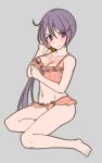  &gt;:( ahoge akebono_(kantai_collection) alternate_breast_size arm_under_breasts bangs bare_arms bare_legs bare_shoulders barefoot bell blush breast_hold breasts closed_mouth collarbone eyebrows_visible_through_hair frills grey_background hair_bell hair_ornament hand_in_hair jingle_bell kantai_collection large_breasts long_hair looking_at_viewer purple_hair side_ponytail simple_background solo v-shaped_eyebrows very_long_hair yuki_to_hana 