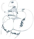  albino anthro clothing crusch_lulu female flat_chested greyscale lizard markings monochrome overlord_(series) reptile scalie simple_background slugbox smile solo tattoo thick_tail tribal_tattoo white_background white_skin 