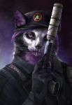  2018 ambiguous_gender anthro cat clothed clothing feline gradient_background gun holding_object holding_weapon looking_at_viewer mammal purple_eyes ranged_weapon simple_background solo standing weapon whiskers wolnir 