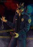  2018 canine clothed clothing demon digital_drawing_(artwork) digital_media_(artwork) doberman dog handcuffs horn looking_at_viewer male mammal necktie officer penis police sevenarms shackles smile solo uniform 