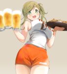  :d alcohol amekasaikuta beer beer_mug blush breasts brown_hair clothes_writing commentary cup employee_uniform eyebrows_visible_through_hair fang food green_eyes hair_bobbles hair_ornament highres holding holding_cup hooters inuyama_aoi large_breasts long_hair looking_at_viewer no_legwear open_mouth shirt short_shorts shorts side_ponytail sleeveless sleeveless_shirt smile solo standing thick_eyebrows tray uniform waitress white_shirt yurucamp 