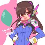  bongfill breasts brown_eyes brown_hair bubble_blowing chewing_gum d.va_(overwatch) dated eyebrows_visible_through_hair hands_on_hips highres long_hair looking_at_viewer medium_breasts overwatch parted_lips signature solo upper_body 