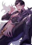  belial_(granblue_fantasy) belt black_hair black_shirt crotch_grab fellatio_gesture granblue_fantasy looking_at_viewer male_focus nyuumen_(neogodrice) partially_unbuttoned pectorals sexually_suggestive shirt simple_background smile solo spread_legs tongue tongue_out white_background 