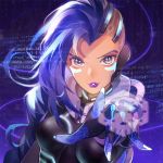  alternate_costume alternate_hair_color asymmetrical_hair commentary cyberspace_sombra eyeshadow high_collar highres lipstick looking_at_viewer makeup mascara medium_hair outstretched_hand overwatch purple_eyes purple_hair purple_lips purple_lipstick road_233 solo sombra_(overwatch) sparkling_eyes 