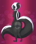  2018 anthro breasts brown_eyes butt diana_rayablanca disney fan_character female gradient_background hair looking_at_viewer looking_back mammal nipples nude pussy rear_view signature simple_background skeletonguys-and-ragdolls skunk solo standing white_hair zootopia 