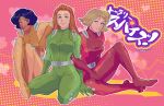  absurdres alex_(totally_spies) blonde_hair blue_eyes bodysuit brown_eyes clover_(totally_spies) flipped_hair green_eyes high_heels highres locked_arms long_hair multiple_girls orange_hair sam_(totally_spies) short_hair sitting tareme totally_spies zonknuckle 