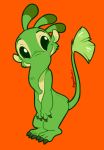  2018 3_toes 4_fingers alien angoraram antennae cheek_tuft claws digital_drawing_(artwork) digital_media_(artwork) dipstick_antennae disney experiment_(species) felix_(lilo_and_stitch) fur green_claws green_eyes green_fur lilo_and_stitch looking_at_viewer orange_background outline signature simple_background smile solo standing toe_claws toes trunk tuft 