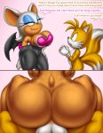  2019 age_difference angelauxes anthro anthro_on_anthro armwear balls black_nose blue_eyes breasts butt canid canine chiropteran cleavage clothed clothing dialogue dipstick_tail duo elbow_gloves english_text eyeshadow female female_on_top female_penetrated fox fur gloves half-closed_eyes instant_loss_2koma larger_female lipstick makeup male male/female male_penetrating mammal miles_prower multicolored_tail nude older_female on_top penis rouge_the_bat sex size_difference smaller_male smile sonic_(series) text video_games white_fur wings yellow_fur young younger_male 