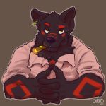  2017 anthro bear canine cigar clothing digital_media_(artwork) male mammal muscular muscular_male simple_background siriuswolfus smile smoke smoking solo wolf 