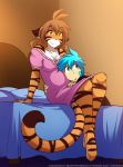  2018 anthro barefoot bed blue_eyes blue_hair brown_background brown_hair clothed clothing digitigrade dress duo feline female flora_(twokinds) fur hair hi_res human inside keidran listening male mammal multicolored_fur on_bed orange_fur pregnant simple_background sitting smile striped_fur stripes tiger tom_fischbach trace_legacy twokinds webcomic white_fur yellow_eyes 