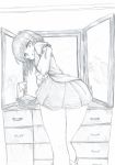  :d anger_vein ass bent_over blouse blush bow chest_of_drawers commentary_request feet_out_of_frame flower frilled_sleeves frills graphite_(medium) greyscale hand_on_hip headwear_removed highres juliet_sleeves legs long_sleeves looking_at_viewer mahiro_(akino-suisen) medium_hair miniskirt mirror monochrome open_mouth puffy_sleeves shiki_eiki shoes skirt smile solo touhou traditional_media voyeurism 