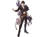  belial_(granblue_fantasy) belt black_hair black_pants black_shirt feather_boa full_body granblue_fantasy hand_on_hip looking_at_viewer male_focus minaba_hideo official_art pants partially_unbuttoned pectorals red_eyes shirt solo transparent_background 