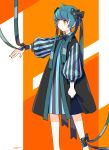  bangs bow closed_mouth commentary_request feet_out_of_frame green_hair hair_bow hand_up orange_eyes original ribbon sekito short_hair solo standing 