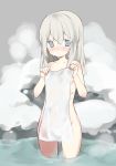  blonde_hair blue_eyes grey_background hair_between_eyes hasegawa_(rarairairai) highres holding holding_towel kantai_collection long_hair nude onsen simple_background solo standing steam towel u-511_(kantai_collection) wading wet 