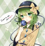  :o abe_suke argyle argyle_background black_hat bow buttons collar collared_shirt commentary_request english eyeball eyebrows_visible_through_hair flower frilled_collar frills green_eyes green_hair hat hat_bow heart heart_of_string komeiji_koishi looking_at_viewer medium_hair shirt solo speech_bubble third_eye touhou upper_body v yellow_bow yellow_shirt 
