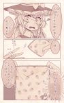  3koma bad_id bad_twitter_id bow braid check_translation collared_shirt comic commentary_request eyes_visible_through_hair food_print handkerchief hands hat hat_bow highres iiha_toobu kirisame_marisa long_hair looking_at_viewer monochrome open_mouth shirt side_braid single_braid speech_bubble strawberry_print touhou translation_request upper_body vest witch_hat 
