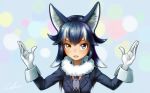  animal_ears arms_up artist_name bangs black_hair black_jacket blue_eyes blush commentary_request cowboy_shot fangs gloves grey_neckwear grey_wolf_(kemono_friends) hair_between_eyes heterochromia jacket kemono_friends long_hair long_sleeves looking_at_viewer multicolored_hair necktie simple_background sleeve_cuffs solo welt_(kinsei_koutenkyoku) white_gloves wolf wolf_ears wolf_girl yellow_eyes 