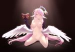  :o absurdres animal_ears bangs barefoot black_background blush book breasts cait feathered_wings gloves half-closed_eyes halo highres holding holding_book huge_filesize jibril_(no_game_no_life) large_breasts light_particles long_hair looking_at_viewer low_wings navel nipples no_game_no_life nude open_book paid_reward patreon_reward pink_eyes pink_hair ringed_eyes simple_background sitting smile solo spotlight tattoo uncensored very_long_hair wariza white_wings wings yellow_eyes 