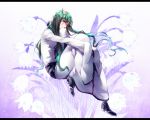  arrancar black_footwear bleach covering_mouth cyan_sung-sun dress facial_mark floral_background flower gradient gradient_background green_hair leg_hug letterboxed long_hair looking_at_viewer no_humans purple_background purple_eyes shoes sleeves_past_wrists solo very_long_hair white_background white_dress 