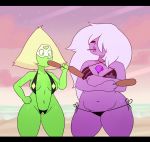  2016 alien amethyst_(steven_universe) bikini breasts cartoon_network cleavage clothed clothing duo female gem_(species) hi_res navel not_furry peridot_(steven_universe) slightly_chubby sling_bikini somescrub steven_universe swimsuit thick_thighs wide_hips 