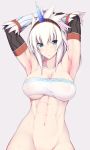  abs armpits blue_eyes breasts gauntlets highres horn kirin_(armor) large_breasts monster_hunter naturalton solo strapless tubetop white_hair 