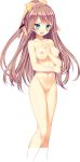  absurdres aqua_eyes blush breasts brown_hair censored collarbone cropped_legs hair_ribbon hand_on_own_chest high_ponytail highres large_breasts long_hair lost_echoes mosaic_censoring navel nipples non-web_source nude official_art pussy ribbon solo tachibana_yuika tamiya_akito transparent_background upper_teeth 