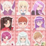  6+girls ahoge anime_coloring artoria_pendragon_(all) bazett_fraga_mcremitz black_hair blonde_hair blue_eyes blue_ribbon blush border caren_hortensia emiya-san_chi_no_kyou_no_gohan emiya_shirou fate/hollow_ataraxia fate/stay_night fate_(series) fujimura_taiga green_eyes hair_ribbon heart heart_background illyasviel_von_einzbern incoming_gift long_hair matou_sakura moto_(otemoto02) multiple_girls open_mouth orange_eyes parody patterned_background pink_background pink_border purple_eyes purple_hair red_eyes ribbon rider saber short_hair sidelocks silver_hair simple_background style_parody toosaka_rin turtleneck valentine yellow_eyes 