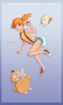  blue_background bottle diaper gen_1_pokemon gen_2_pokemon highres holding holding_poke_ball kasumi_(pokemon) milkii-tea no_pants orange_hair poke_ball poke_ball_(generic) pokemon pokemon_(anime) pokemon_(creature) psyduck rattle suspenders togepi underwear 