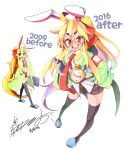  2009 2016 ahoge animal_ears armband black_legwear blonde_hair blush bongfill book bunny_ears comparison eyebrows_visible_through_hair fake_animal_ears hairband highres holding holding_book long_hair looking_at_viewer necktie open_mouth original pocket_watch red_eyes red_neckwear signature smile teeth thighhighs tie_clip watch 