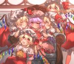  &gt;:( 5girls :3 :d ^_^ ascot bangs bent_over blonde_hair blush bow brooch closed_eyes commentary_request couch crystal eyebrows_visible_through_hair eyes_closed facing_another fang_out feet_out_of_frame flandre_scarlet floral_print four_of_a_kind_(touhou) frilled_shirt_collar frills from_side hair_between_eyes hands_up hat hat_bow highres index_finger_raised indoors jewelry lavender_hair long_hair masanaga_(tsukasa) mob_cap multiple_girls multiple_persona one_side_up open_mouth petticoat pink_hat pointy_ears profile puffy_short_sleeves puffy_sleeves red_bow red_eyes red_neckwear red_skirt red_vest remilia_scarlet shadow shirt short_hair short_sleeves siblings sisters sitting skirt skirt_set smile socks touhou v-shaped_eyebrows vest white_hat white_legwear white_shirt wings wrist_cuffs yellow_neckwear 