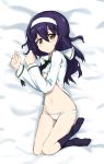  bangs bed_sheet black_hair black_neckwear blouse brown_eyes closed_mouth eyebrows_visible_through_hair fankupl frown full_body girls_und_panzer hairband highres long_hair long_sleeves looking_at_viewer lying navel neckerchief no_pants on_back on_bed on_side ooarai_school_uniform panties reizei_mako school_uniform serafuku shirt_lift solo thigh_gap underwear white_blouse white_hairband white_panties 