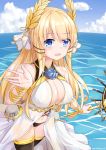  absurdres artist_name azur_lane black_legwear black_panties blonde_hair blue_eyes blush breasts chain cleavage cloud commentary_request cowboy_shot day eyebrows_visible_through_hair flower_ornament hair_ornament hair_ribbon highres holding holding_staff large_breasts laurel_crown long_hair ocean outdoors outstretched_hand panties ribbon rigging sky solo staff standing standing_on_liquid thighhighs turret underwear veil very_long_hair victorious_(azur_lane) watchdog_rol_(y1104280730) wrist_ribbon 