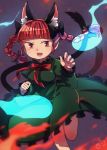  animal_ears bangs black_ribbon blunt_bangs bow bowtie braid breasts brown_eyes cat_ears cat_tail claw_pose claws commentary_request dress extra_ears eyelashes fang fire foot_out_of_frame green_dress hair_ribbon highres ibaraki_natou kaenbyou_rin looking_at_viewer multiple_tails nail_polish open_mouth petticoat pointy_ears red_bow red_hair red_nails ribbon slit_pupils solo spirit standing standing_on_one_leg tail teeth touhou twin_braids two_tails 