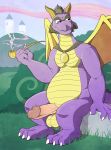  2016 3_toes 4_fingers anthro anti_dev balls barbed_penis black_hair dragon erection facial_hair hair looking_aside male mature_male nude outside penis pink_penis pipe purple_scales scales scalie sideburns sitting smoke solo spyro spyro_the_dragon toes video_games wings 