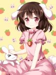  &gt;_&lt; :3 animal_ears brown_hair bunny bunny_ears bunny_tail carrot carrot_necklace commentary_request dress eyebrows_visible_through_hair floppy_ears highres inaba inaba_tewi looking_at_viewer medium_hair petting pink_dress red_eyes ribbon-trimmed_dress ruu_(tksymkw) sitting smile solo tail touhou x3 
