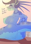  2018 anthro anus bearbox_doodletimes big_butt biped blue_scales blue_tail breasts bubble_butt butt dialogue digital_media_(artwork) dragon english_text eyebrows eyelashes female gradient_background green_eyes green_scales grey_eyebrows grey_horn hi_res horn horn_ring looking_at_viewer multicolored_scales nipples non-mammal_breasts nude pussy scales scalie side_boob signature simple_background sitting solo talking_to_viewer text thick_tail thick_thighs 