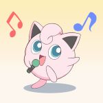  beige_background blue_eyes commentary_request dancing eighth_note gen_1_pokemon gradient gradient_background happy holding holding_microphone jigglypuff kato-shun looking_away looking_up microphone music musical_note no_humans pink_hair pink_skin pokemon pokemon_(creature) singing solo standing standing_on_one_leg 