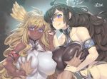  angel bare_shoulders black_leotard blonde_hair breast_grab breasts brown_hair commentary curly_hair dark_skin deep_skin fangs grabbing granblue_fantasy guided_breast_grab harut_(granblue_fantasy) head_wings hips holding_hands large_breasts leotard long_hair looking_down marut_(granblue_fantasy) multiple_girls navel obui pov purple_eyes signature skindentation smile solo_focus white_leotard 