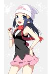  :d absurdres black_shirt blue_eyes blue_hair bracelet cowboy_shot dark_blue_hair floating_hair hat highres hikari_(pokemon) holding holding_poke_ball jewelry long_hair looking_at_viewer miniskirt open_mouth pink_skirt poke_ball poke_ball_(generic) pokemon pokemon_(game) pokemon_dppt red_scarf scarf shirt sidelocks skirt smile solo standing white_hat yuihiko 