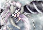  ari-riot arrancar black_footwear bleach boots breasts cirucci_sanderwicci commentary curly_hair dress eyelashes facial_mark flying full_body lips looking_at_viewer medium_hair parted_lips purple_hair resurreccion small_breasts solo white_dress wings 