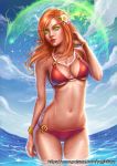  bikini blonde_hair blood_elf bracelet breasts cleavage commentary_request flower glowing glowing_eyes green_eyes green_sclera hair_flower hair_ornament jewelry lipstick looking_at_viewer magic makeup medium_breasts medium_hair navel ocean pointy_ears red_hair red_lipstick solo standing swimsuit thigh_gap wading warcraft water watermark web_address world_of_warcraft yagi_hikaru 