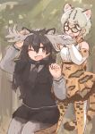  :o ;o animal_ears antlers bare_shoulders bow bowtie cat_ears cat_tail elbow_gloves eyebrows_visible_through_hair glasses gloves hand_on_another's_head kemono_friends leaf long_hair long_sleeves margay_(kemono_friends) margay_print moose_(kemono_friends) moose_ears multicolored_hair multiple_girls one_eye_closed open_mouth pantyhose pleated_skirt rumenia_(ao2is) scarf short_hair sitting skirt stool sweater tail thighhighs touching 