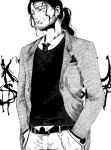  alternate_costume belt black_hair bleach buttons chain character_name collared_shirt cowboy_shot denim facial_hair formal greyscale hands_in_pockets jeans kyouraku_shunsui lips long_hair long_sleeves looking_away male_focus monochrome necktie nose pants shinigami shirt simple_background smile stubble tied_hair white_background yangyieva 