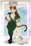  anthro big_breasts breasts bulge clothed clothing comfycushion dickgirl feline huge_breasts hyper hyper_bulge intersex looking_at_viewer mammal smile solo standing tiger 