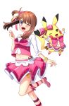  ;d absurdres blush bow breasts brown_hair eyebrows_visible_through_hair gen_1_pokemon hair_between_eyes hair_bow haruka_(pokemon) highres layered_skirt leg_up long_hair looking_at_viewer medium_breasts midriff navel one_eye_closed open_mouth pikachu pink_bow pink_footwear pink_skirt pleated_skirt pokemon pokemon_(creature) pokemon_(game) pokemon_oras purple_eyes shoes side_ponytail simple_background skirt smile standing standing_on_one_leg stomach white_background wrist_cuffs yuihiko 