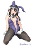  animal_ears arm_support artist_name ass_visible_through_thighs black_hair black_legwear blush breasts bunny_ears cleavage commentary_request detached_collar ebifurya fake_animal_ears full_body gloves grey_eyes hair_ornament hairband hairclip highres kantai_collection long_hair mouth_hold navel necktie oyashio_(kantai_collection) pantyhose simple_background small_breasts solo spread_legs squatting twitter_username undressing unzipping white_background white_gloves 